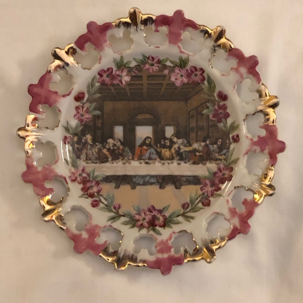 The Last Supper Decorative Porcelain Plate with Pink Floral Border and Gold Trim